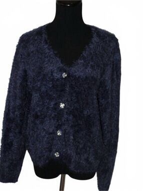 Fair Lady Vintage Mohair Sweater Cardigan V-Neck Blue Jewel Button US 10 BOHO